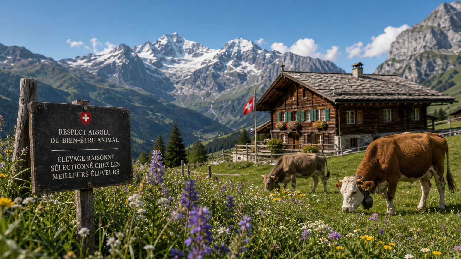 Prairie alpine fleurie avec chalet et bovins en montagne suisse