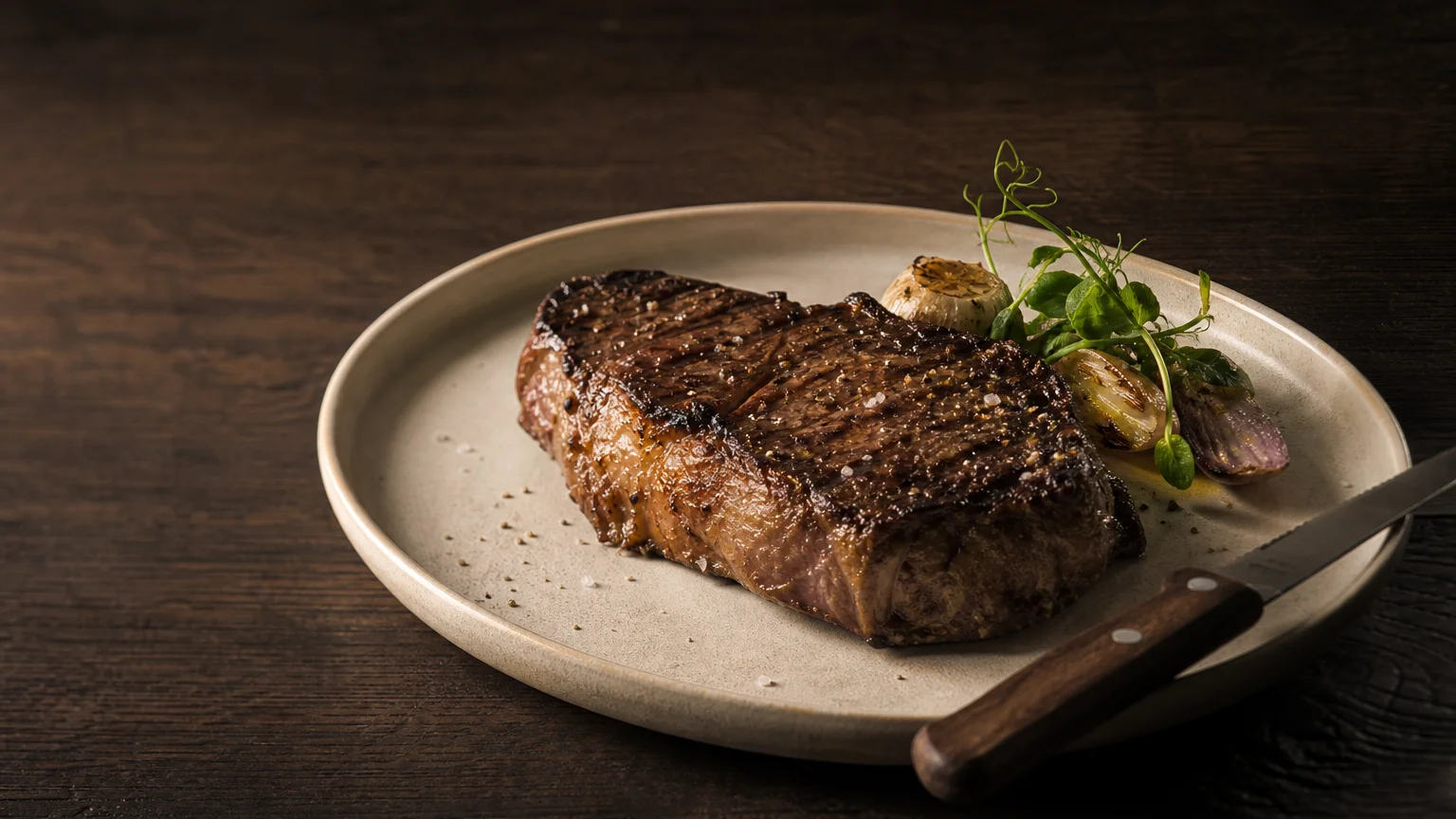 Pièce de bœuf grillée à la braise servie dans une assiette gastronomique