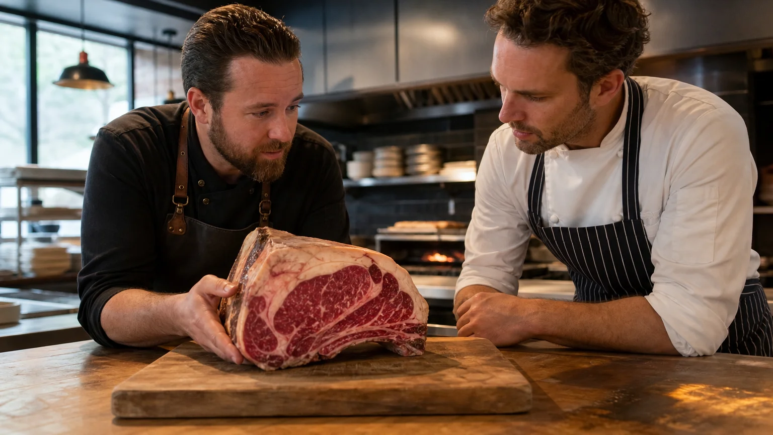 Pièce de bœuf maturée présentée dans une cuisine de restaurant
