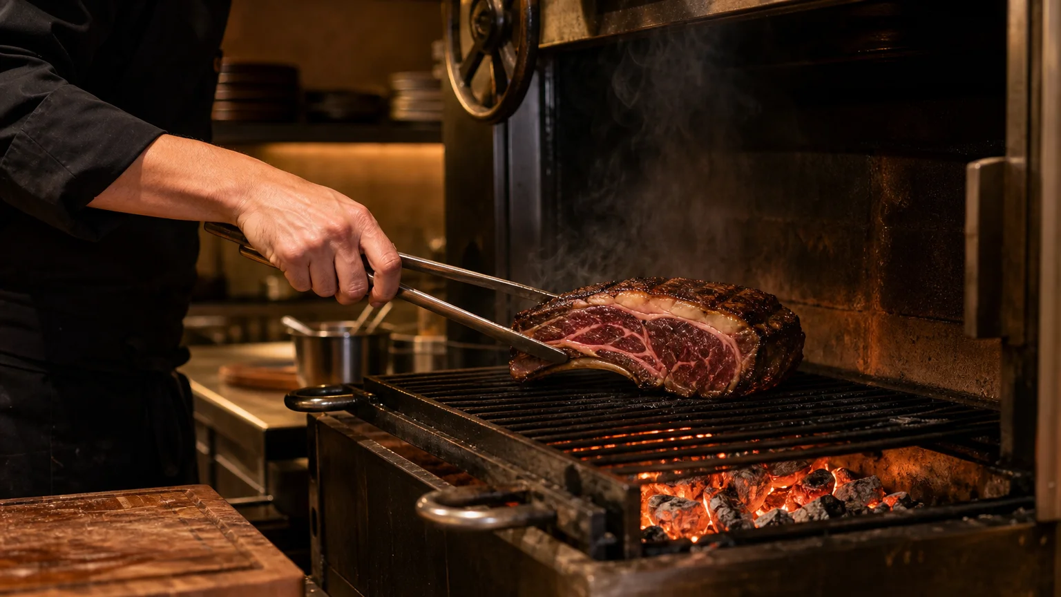 Cuisson d’une pièce de bœuf maturée au four à braise