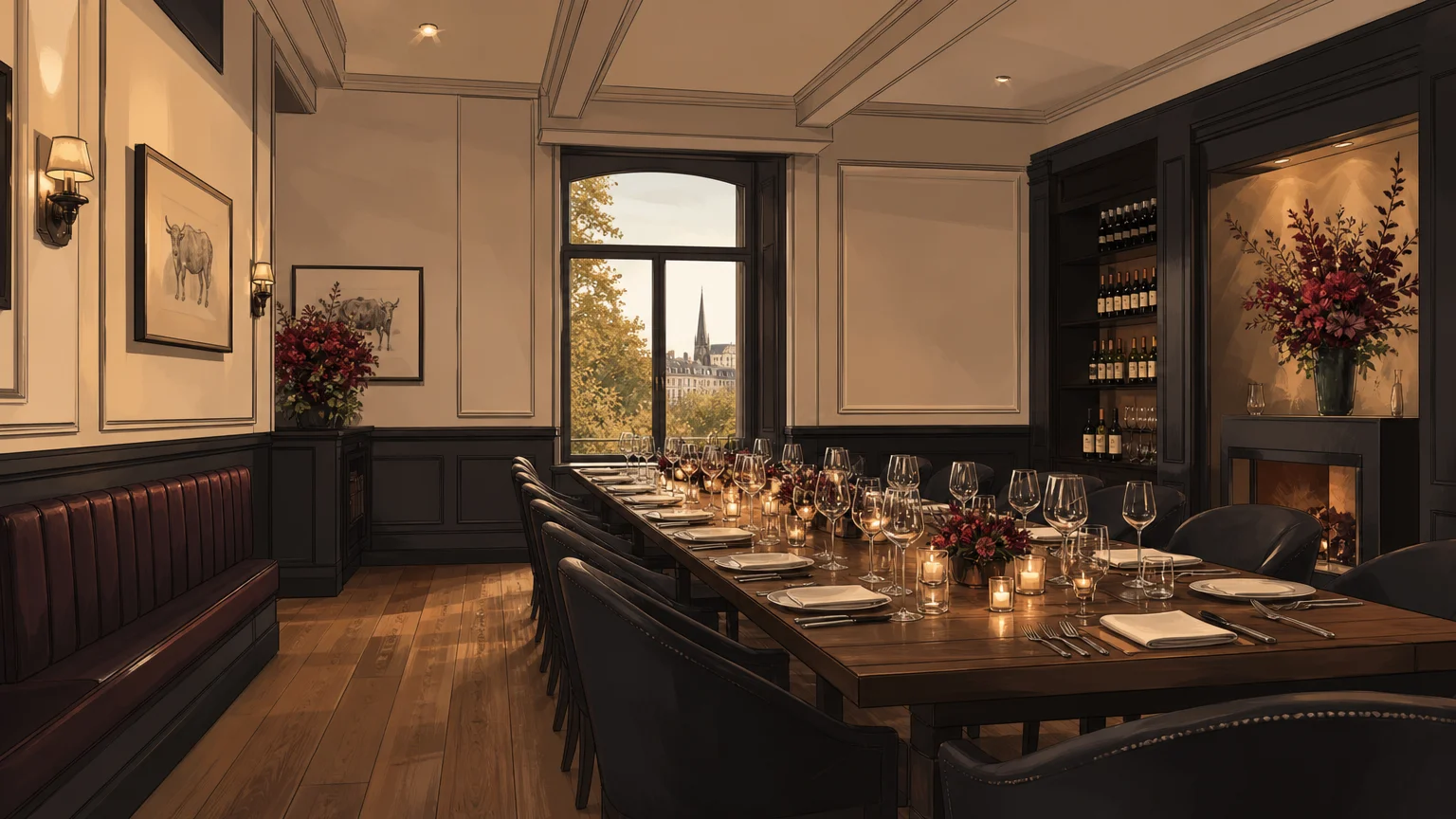 Salle de restaurant élégante préparée pour une réception privée à Genève
