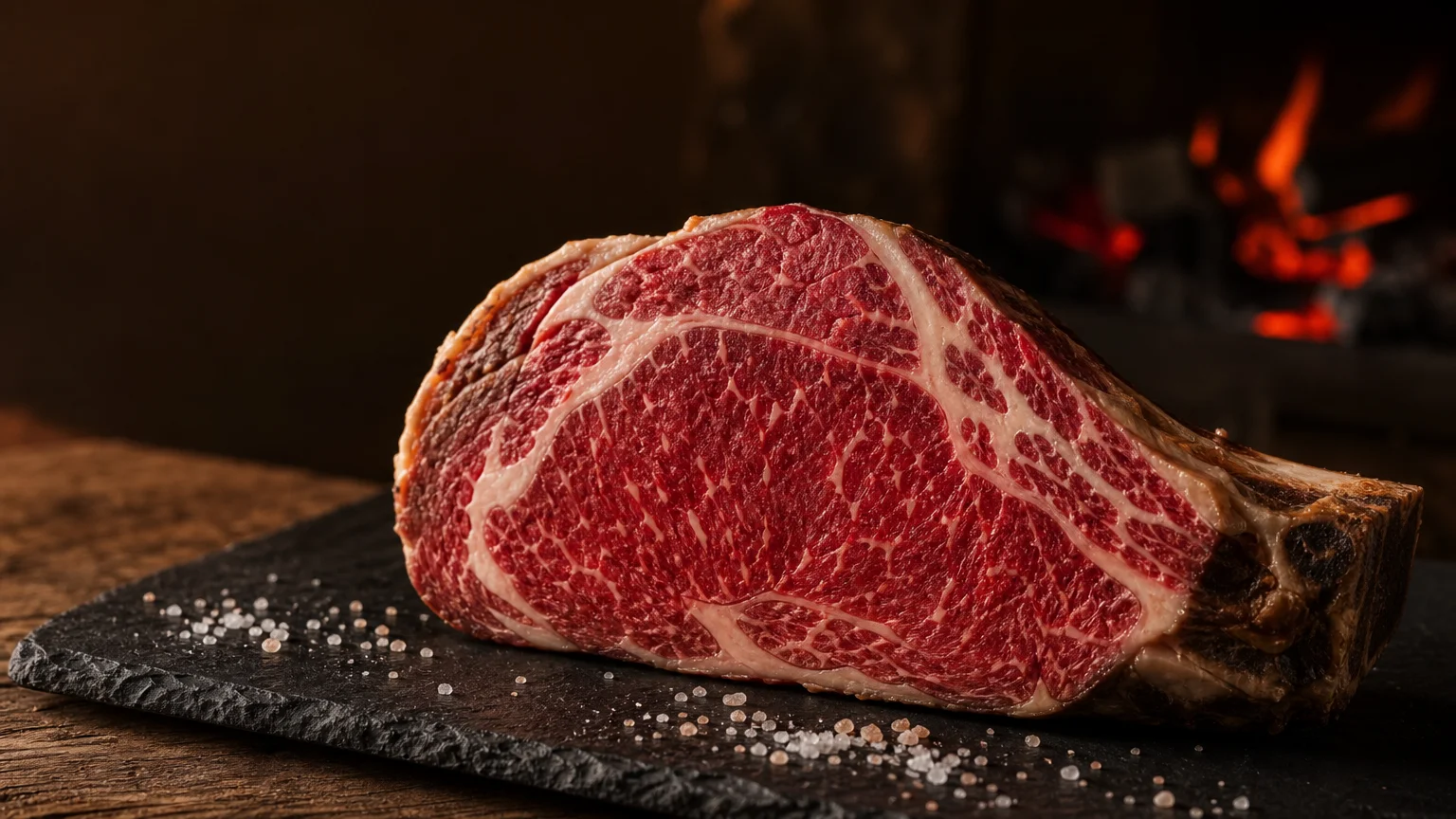 Pièce de bœuf maturée présentée dans une ambiance gastronomique