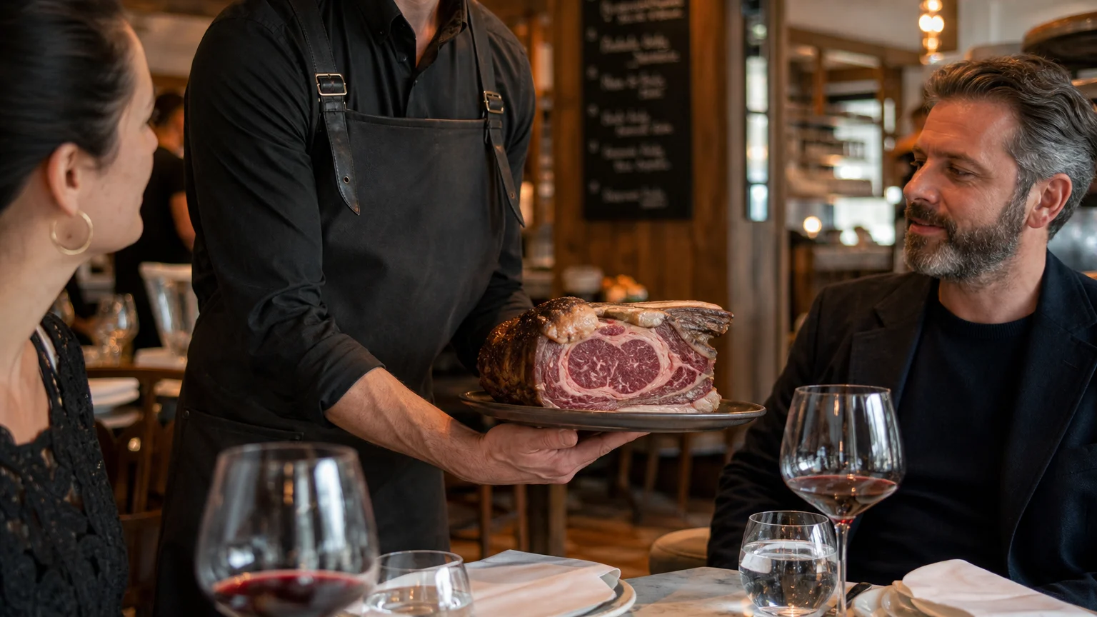 Présentation d’une pièce de bœuf maturée dans un restaurant gastronomique à Genève
