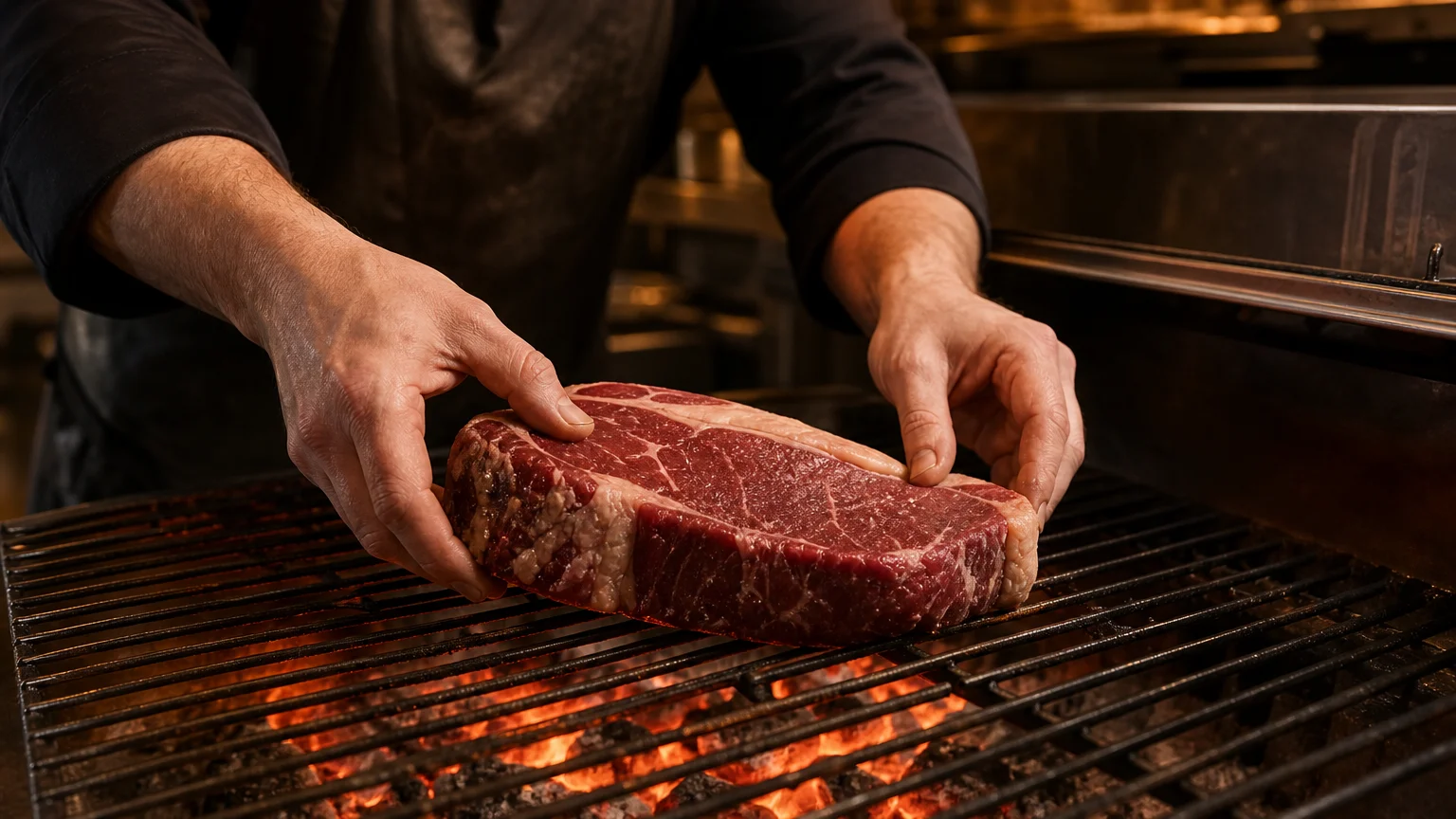 Cuisson d’une viande de bœuf sur la braise dans un restaurant genevois