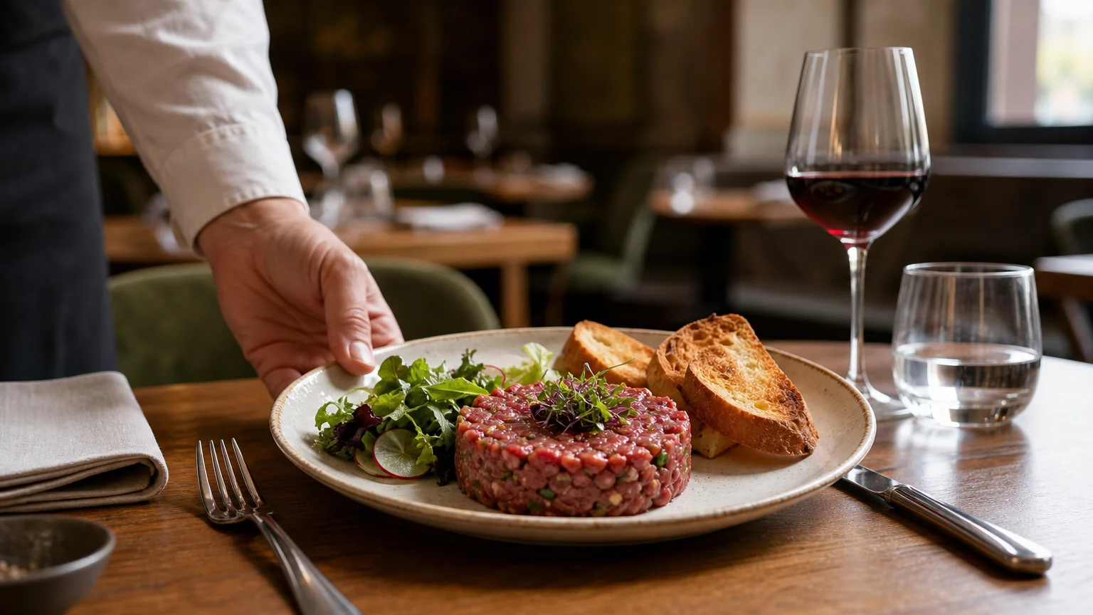 Tartare de bœuf coupé au couteau servi dans un restaurant à Genève