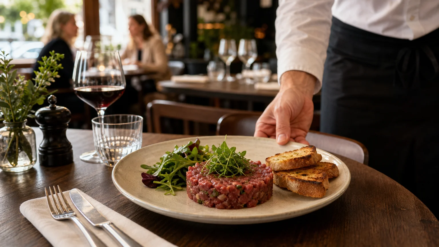 Tartare de bœuf coupé au couteau servi dans un restaurant à Genève
