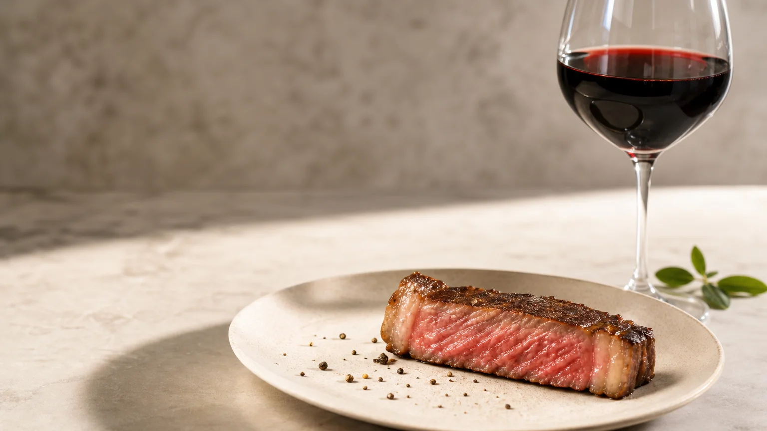 Wagyu grillé et verre de vin rouge