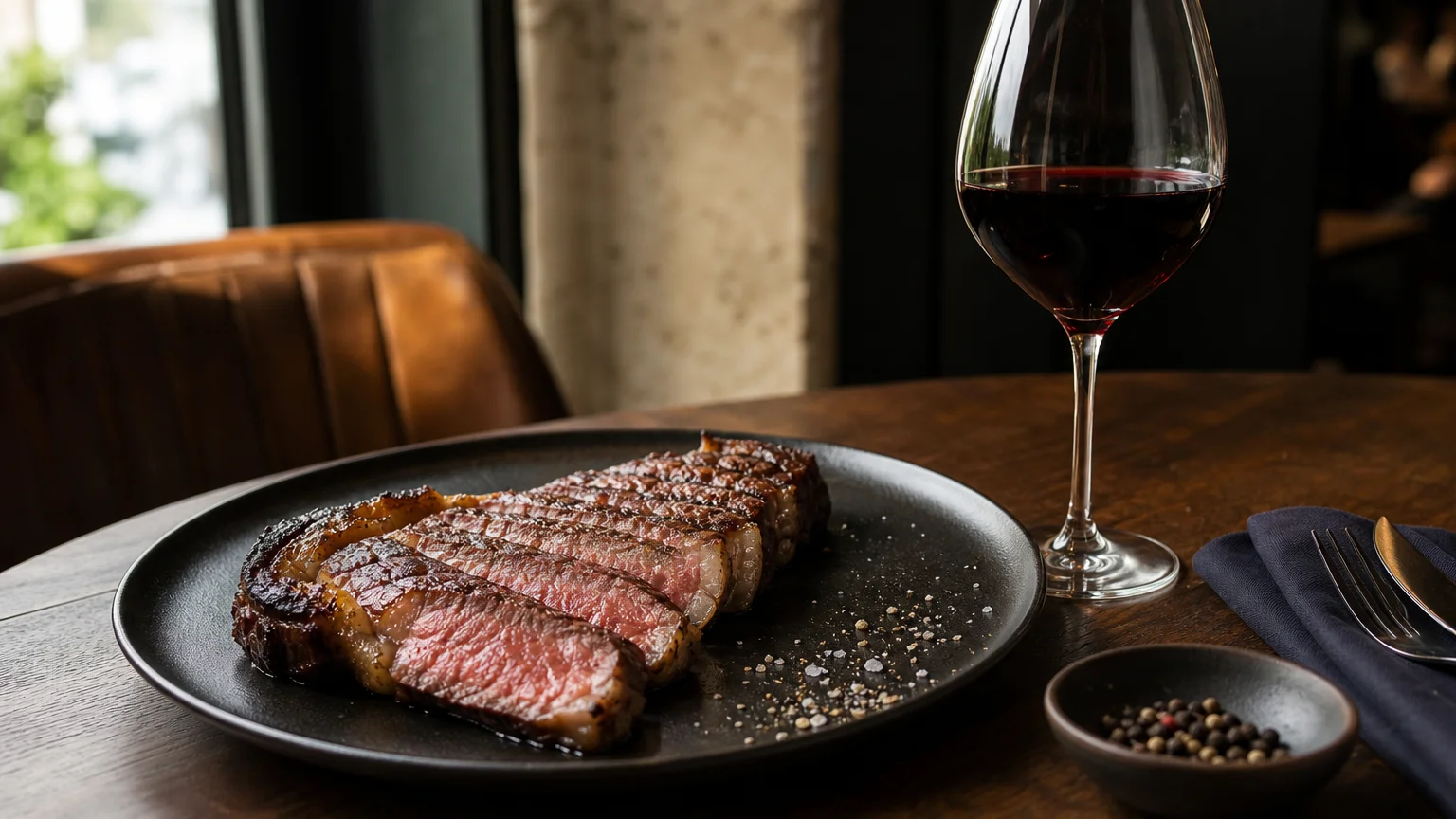 Wagyu grillé servi avec un verre de vin rouge