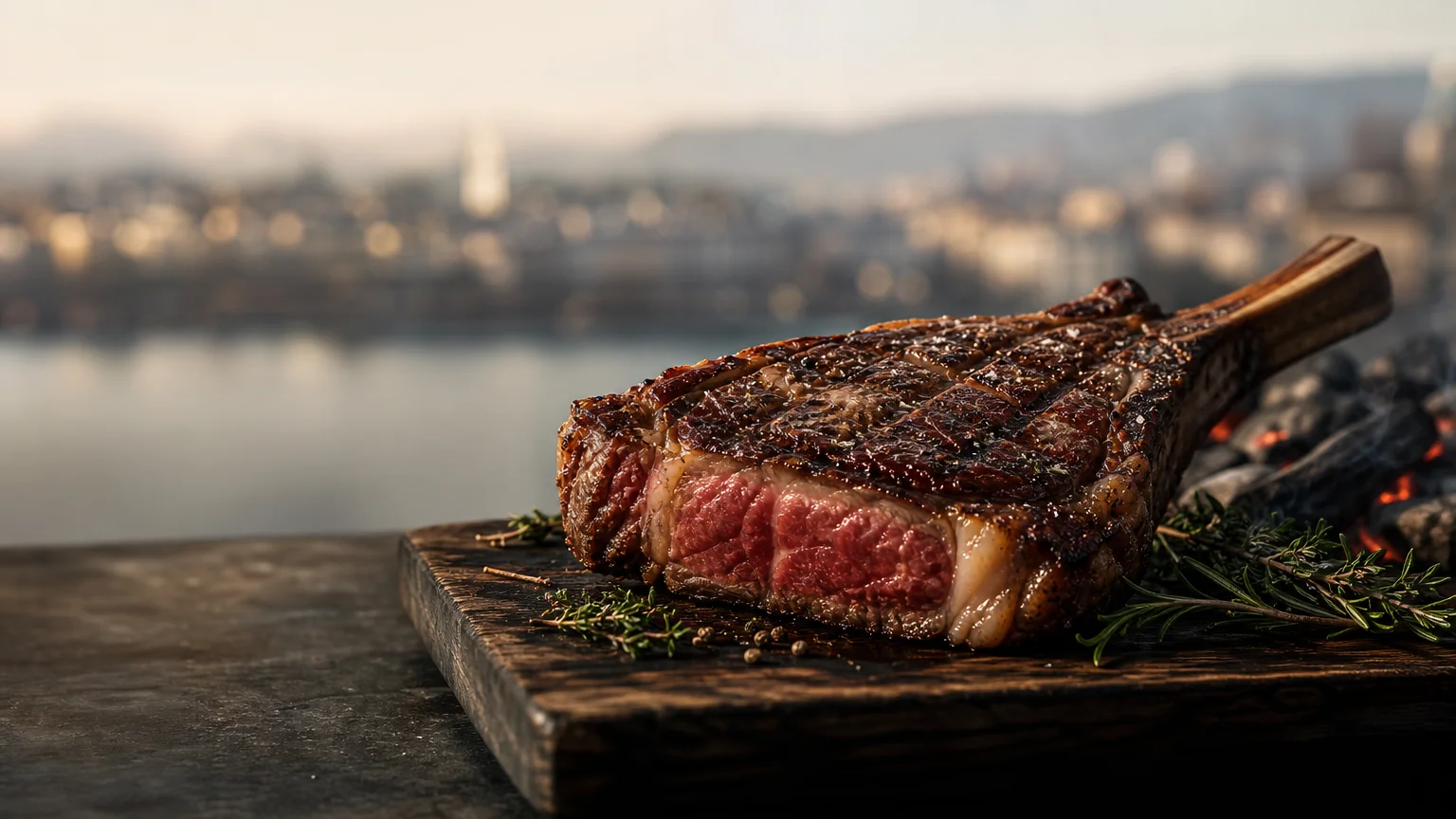 Côte de bœuf grillée au feu dans un restaurant à Genève