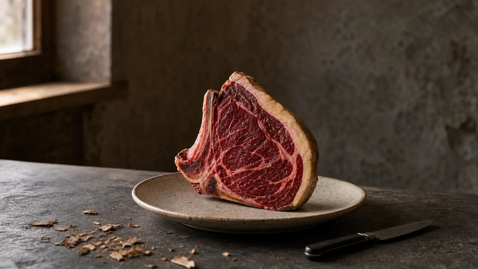 Pièce de bœuf maturée présentée dans un cadre gastronomique