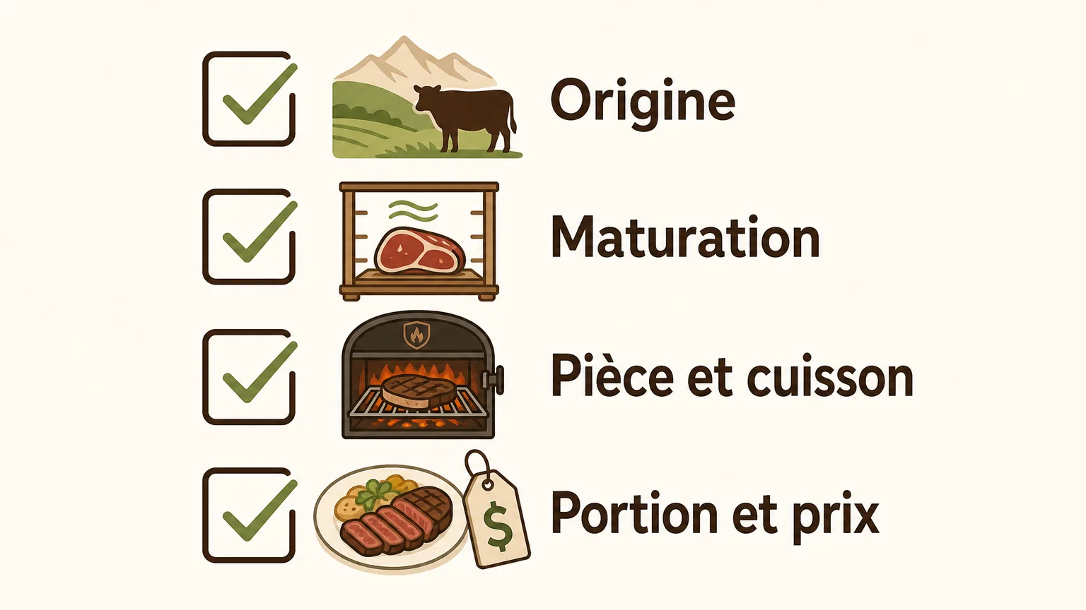 Infographie à quatre critères pour choisir une viande : origine, maturation, pièce et cuisson, portion et prix.
