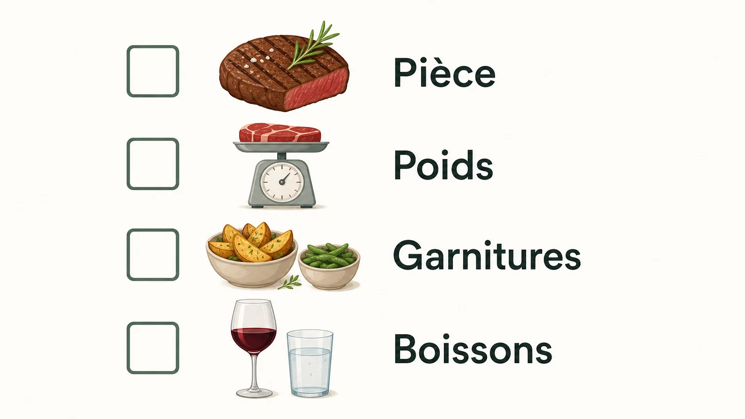 Checklist illustrée pour comparer une pièce, son poids, les garnitures et les boissons
