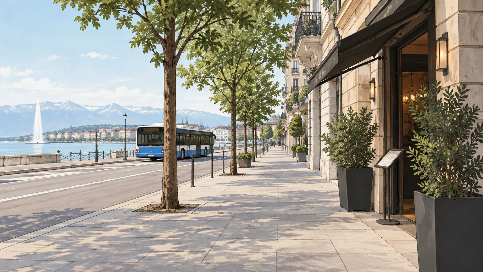 Rue genevoise près des Eaux-Vives avec un bus et une entrée de restaurant en arrière-plan.