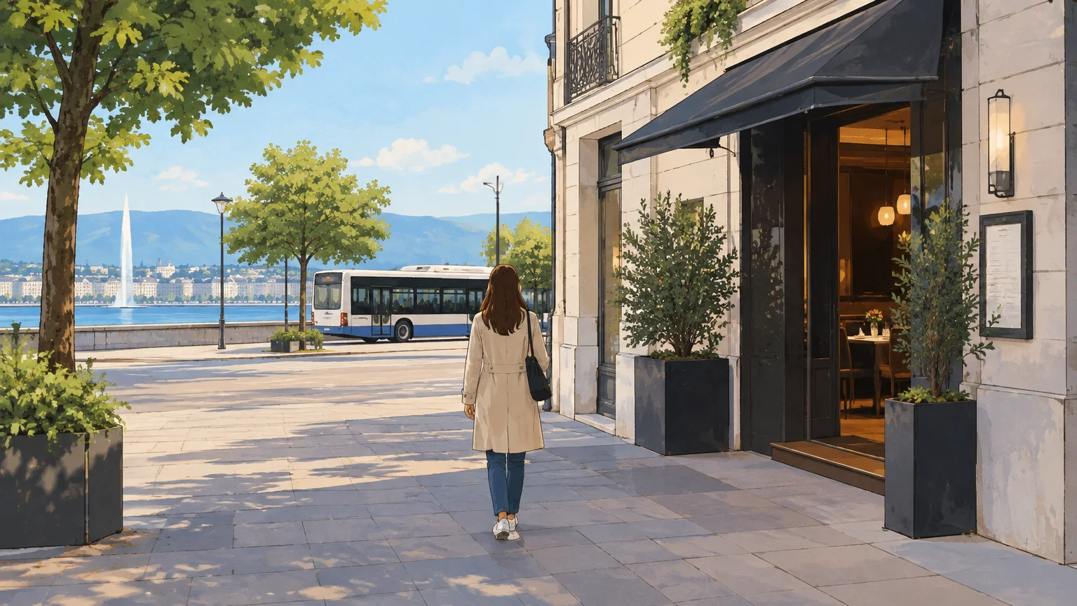 Rue urbaine de Genève, avec un bus à proximité d’un chemin piéton vers un restaurant.