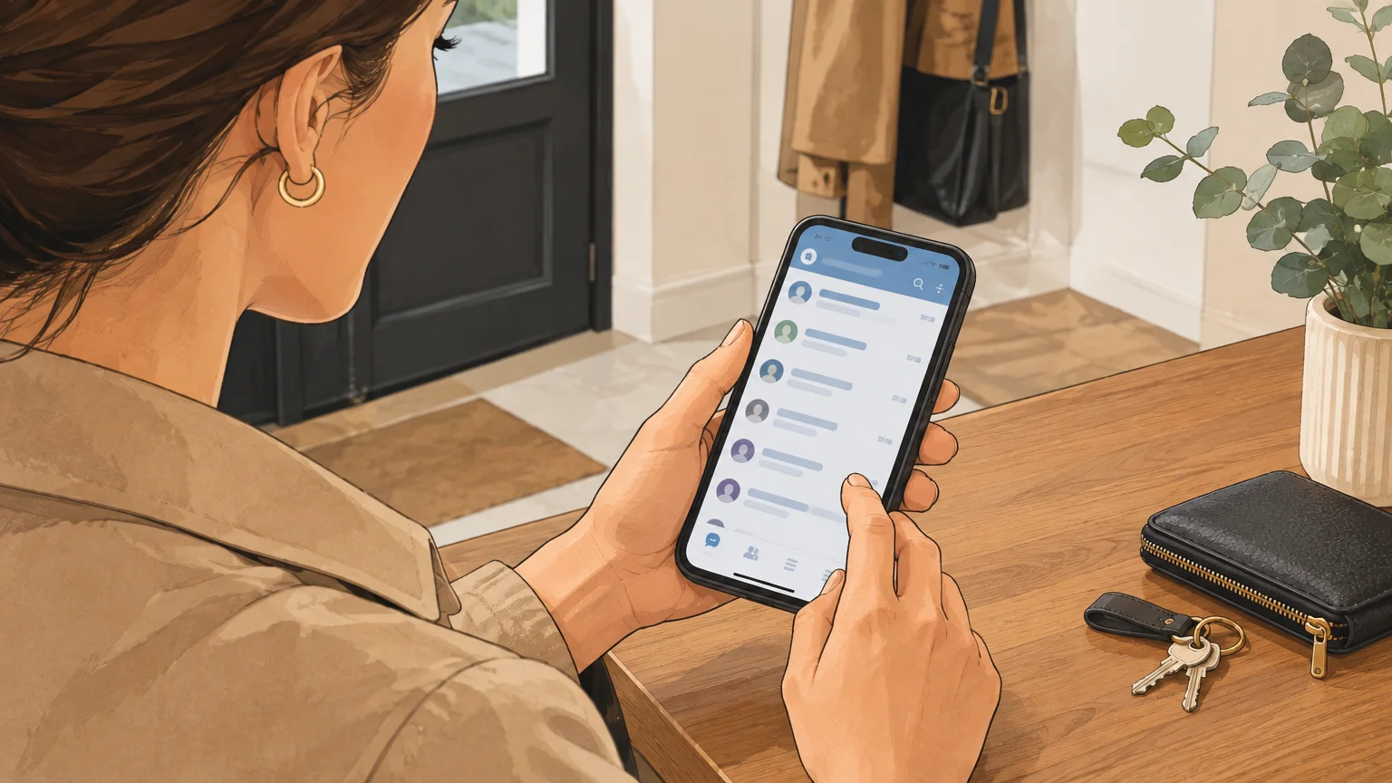 Une personne consulte son téléphone avant de partir au restaurant.