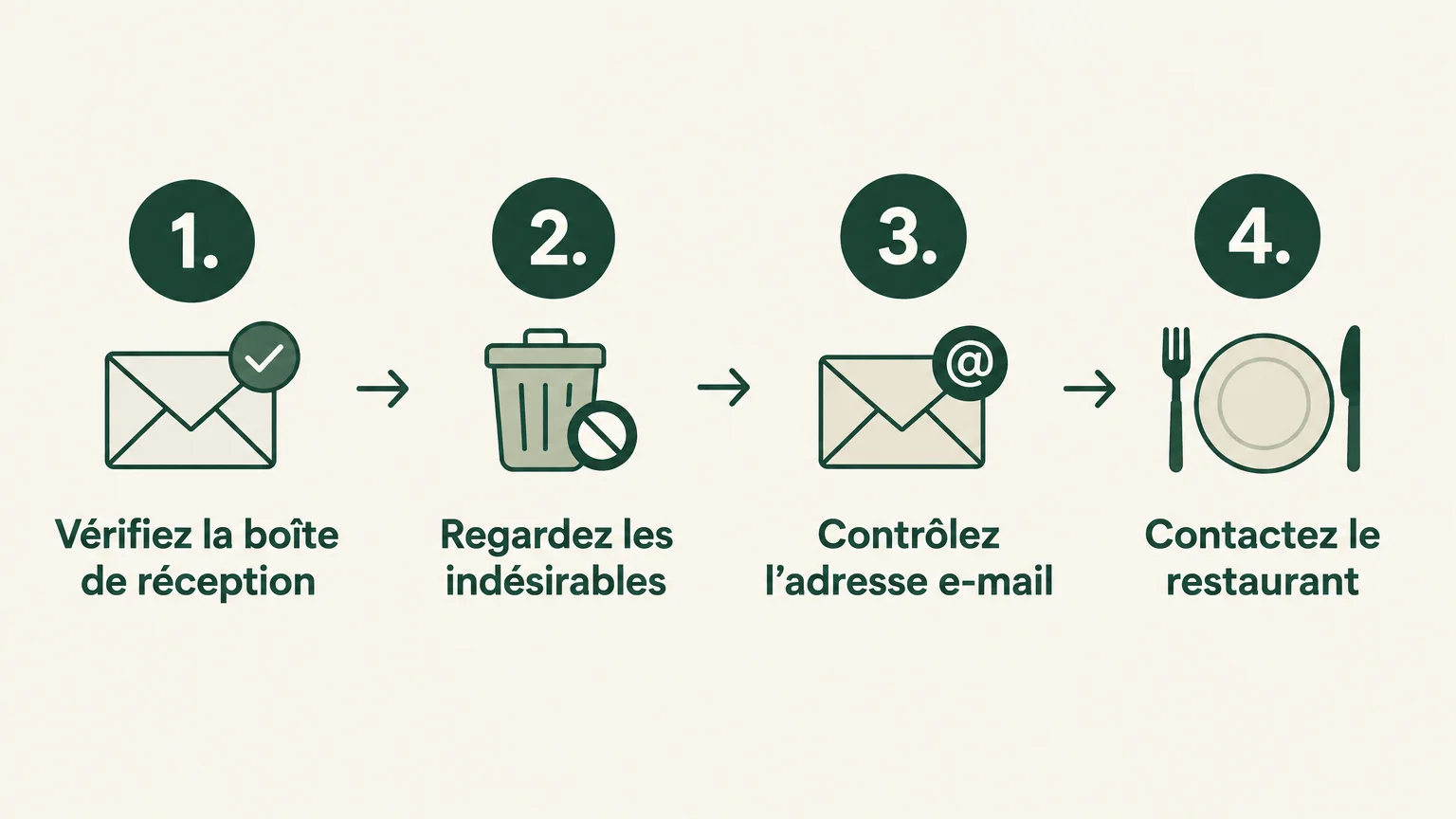 Infographie en quatre étapes pour retrouver ou demander un e-mail de confirmation.