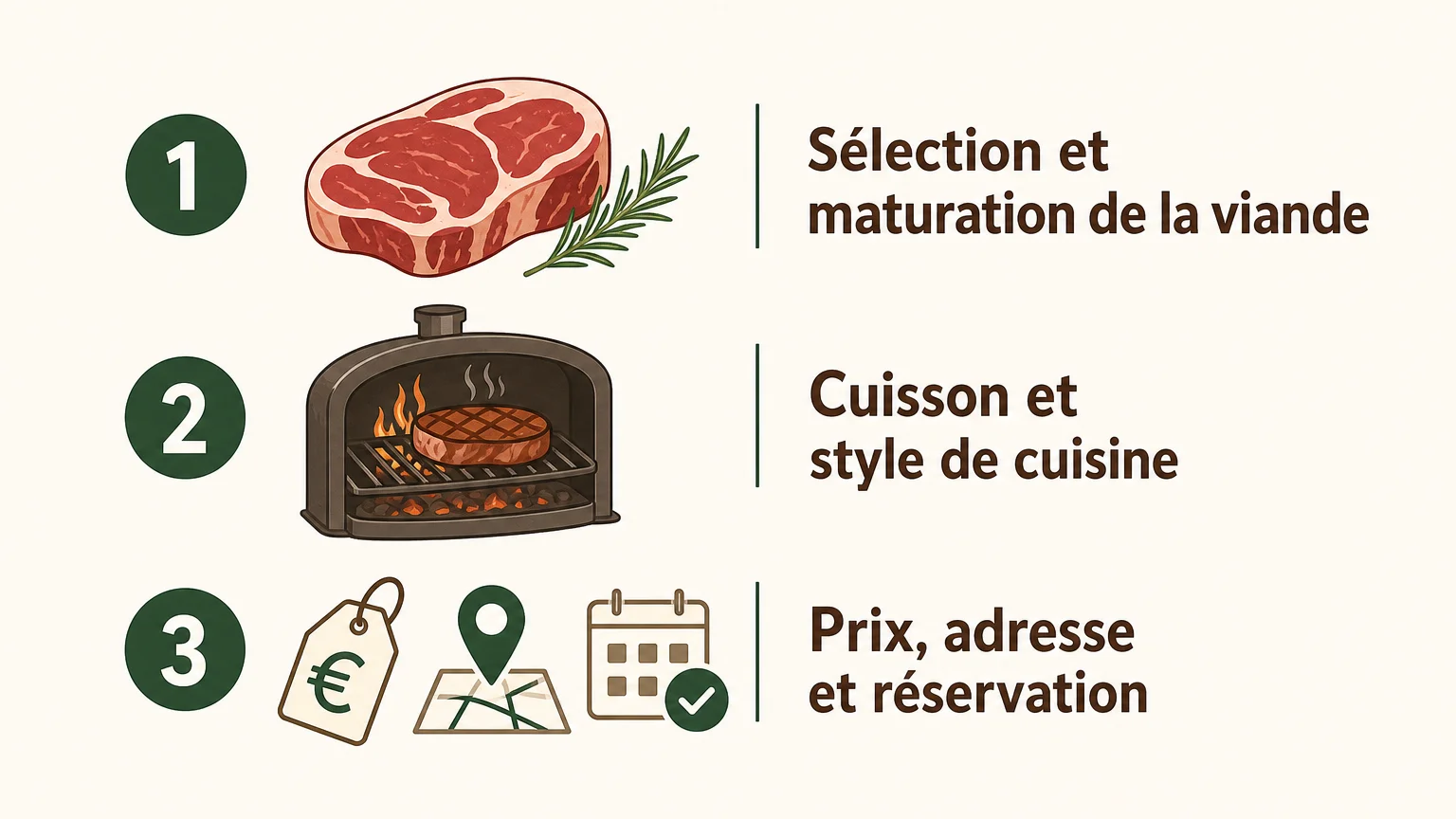 Infographie de trois critères pour choisir un restaurant : viande, cuisson, prix et adresse.