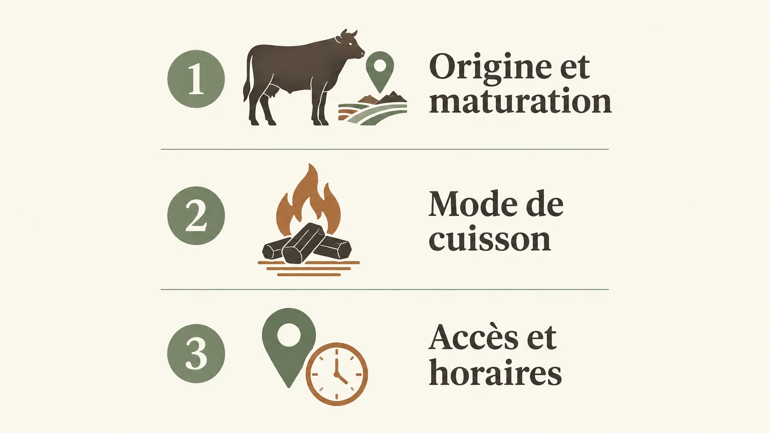 Infographie en trois critères : origine et maturation, mode de cuisson, accès et horaires.