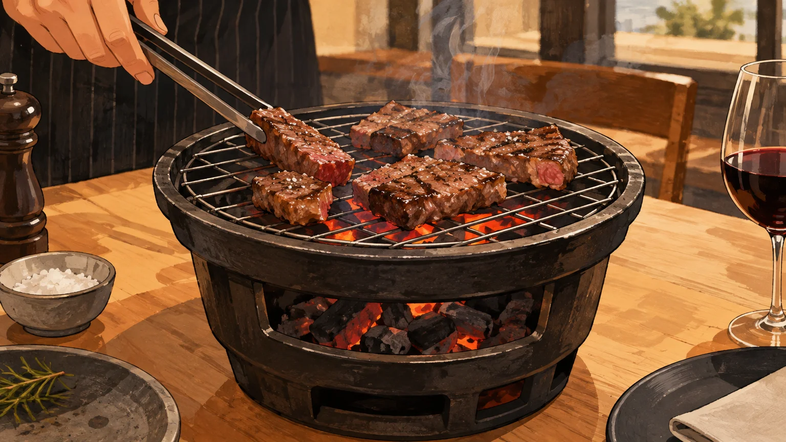 Un brasero de table avec des morceaux de bœuf en train de cuire dans une salle de restaurant.