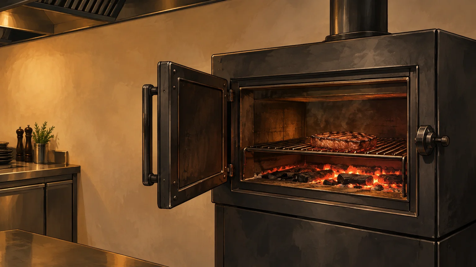 Four professionnel à braise fermé avec une pièce de viande en cuisson sur la grille.