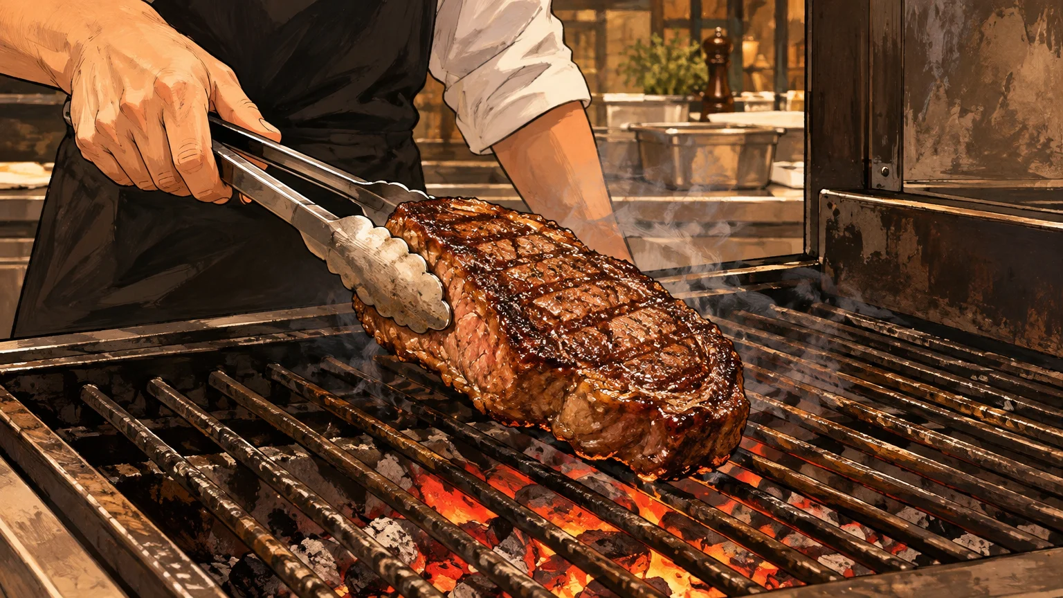 Un cuisinier retourne une pièce de viande sur une grille ouverte au-dessus des braises.