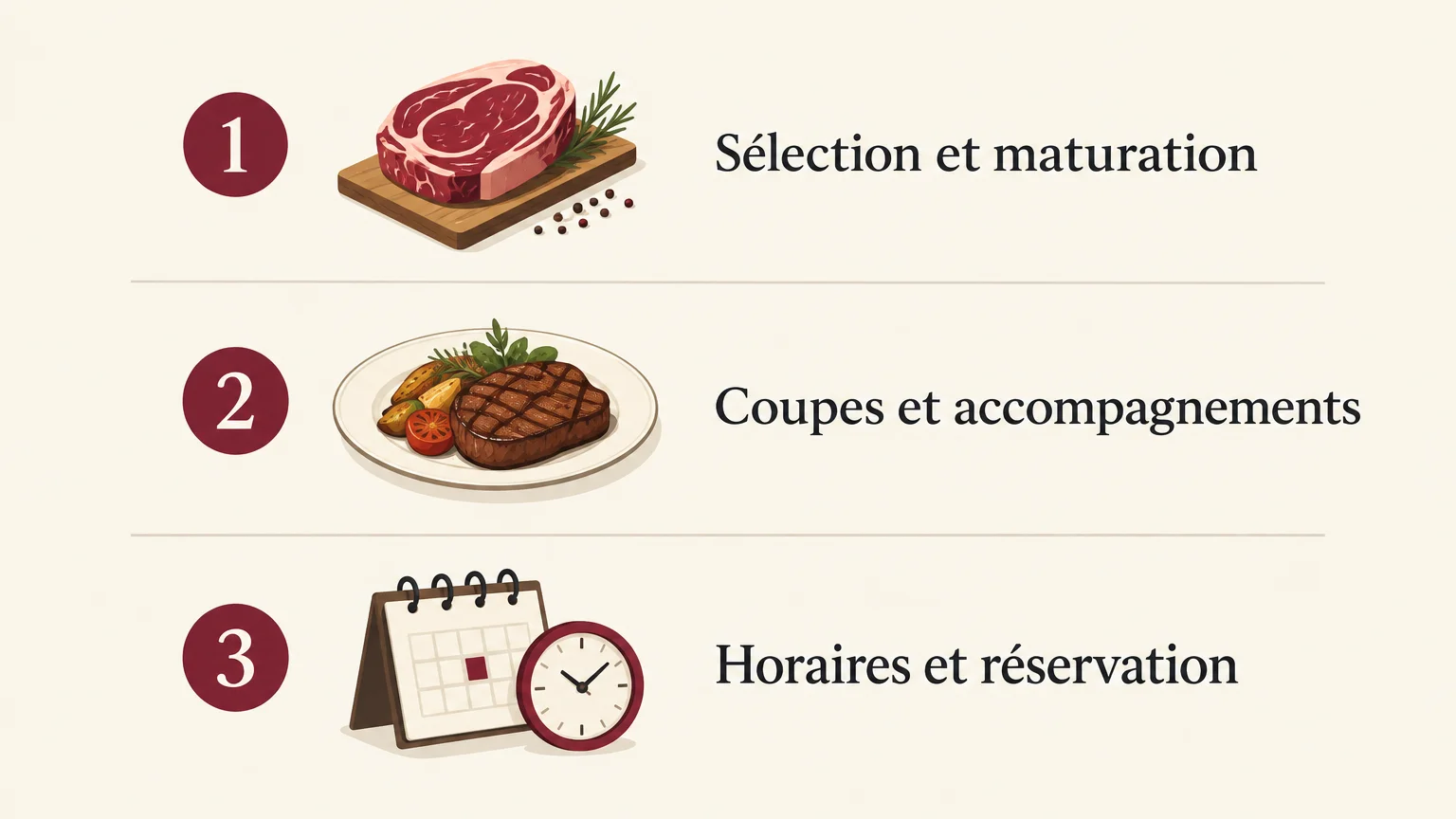 Infographie présentant trois critères de choix : sélection et maturation, coupes et accompagnements, horaires et réservation.