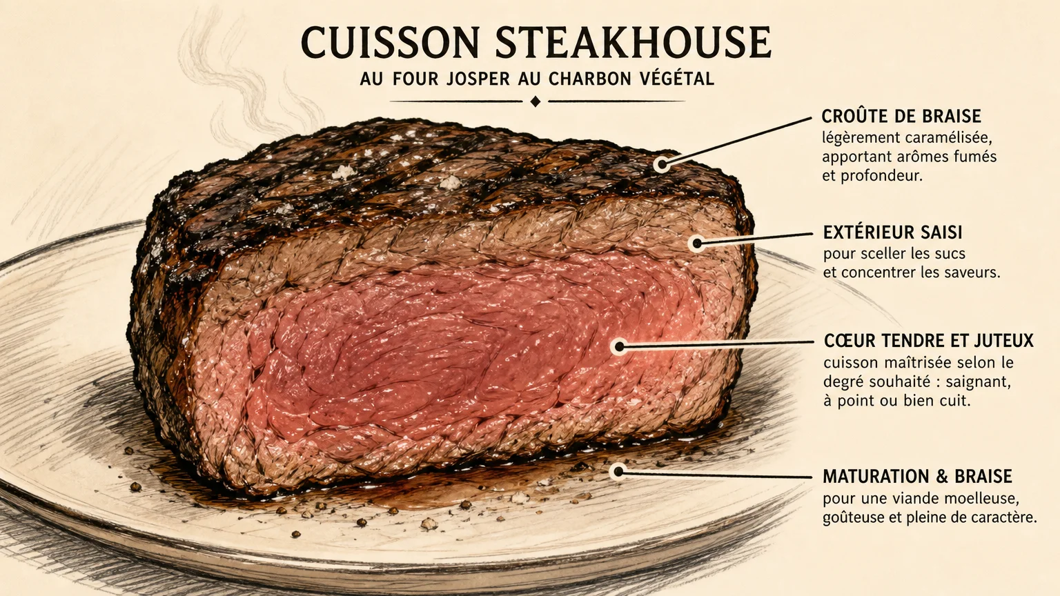 Image dans le corps montrant concrètement une pièce de viande cuite, en lien avec le choix de cuisson au steakhouse.