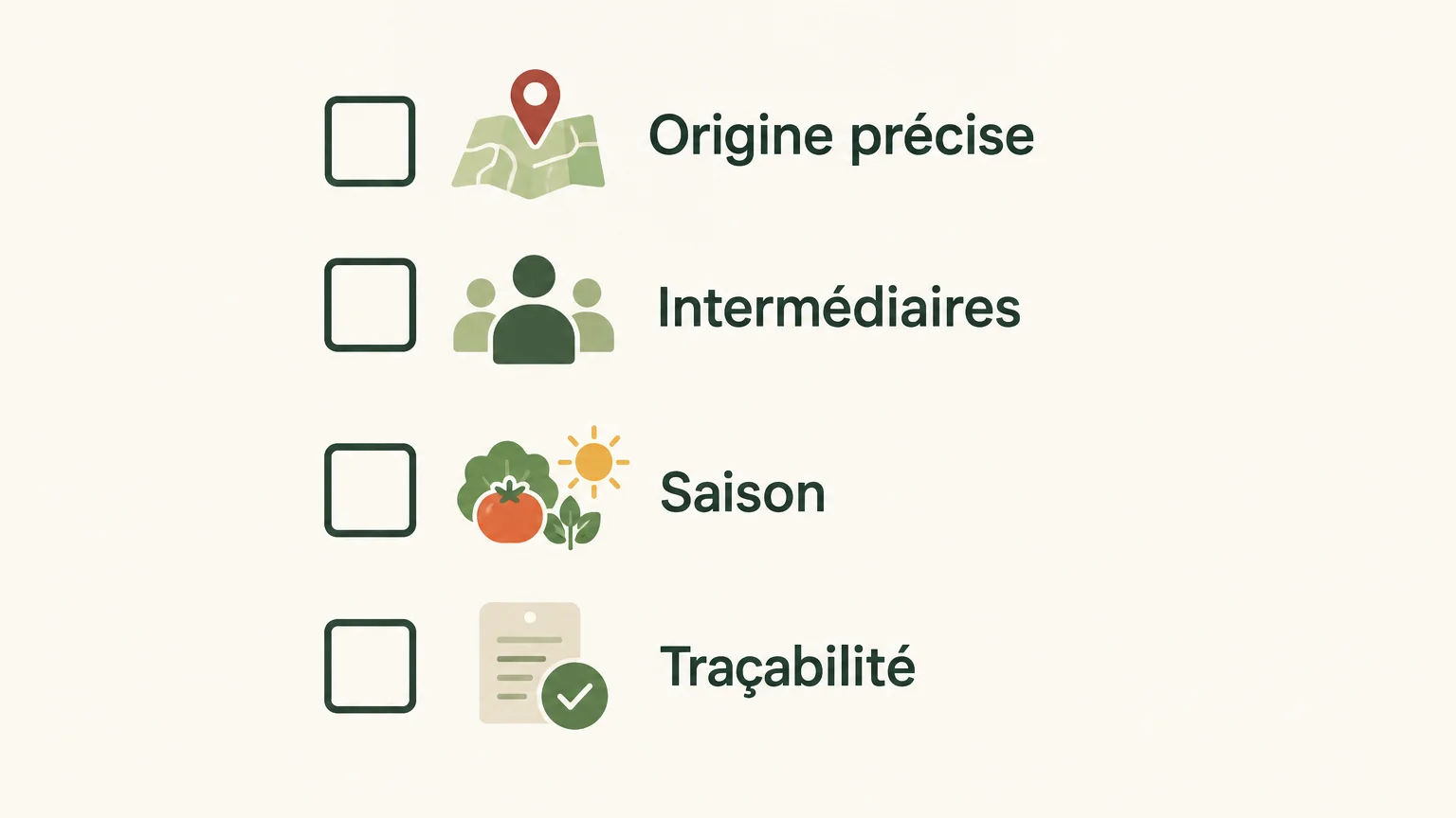 Infographie en français listant quatre critères pour vérifier une viande : origine précise, intermédiaires, saison et traçabilité.