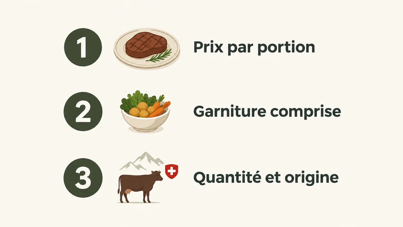 Infographie éditoriale présentant trois critères de comparaison : prix par portion, garniture comprise, quantité et origine.