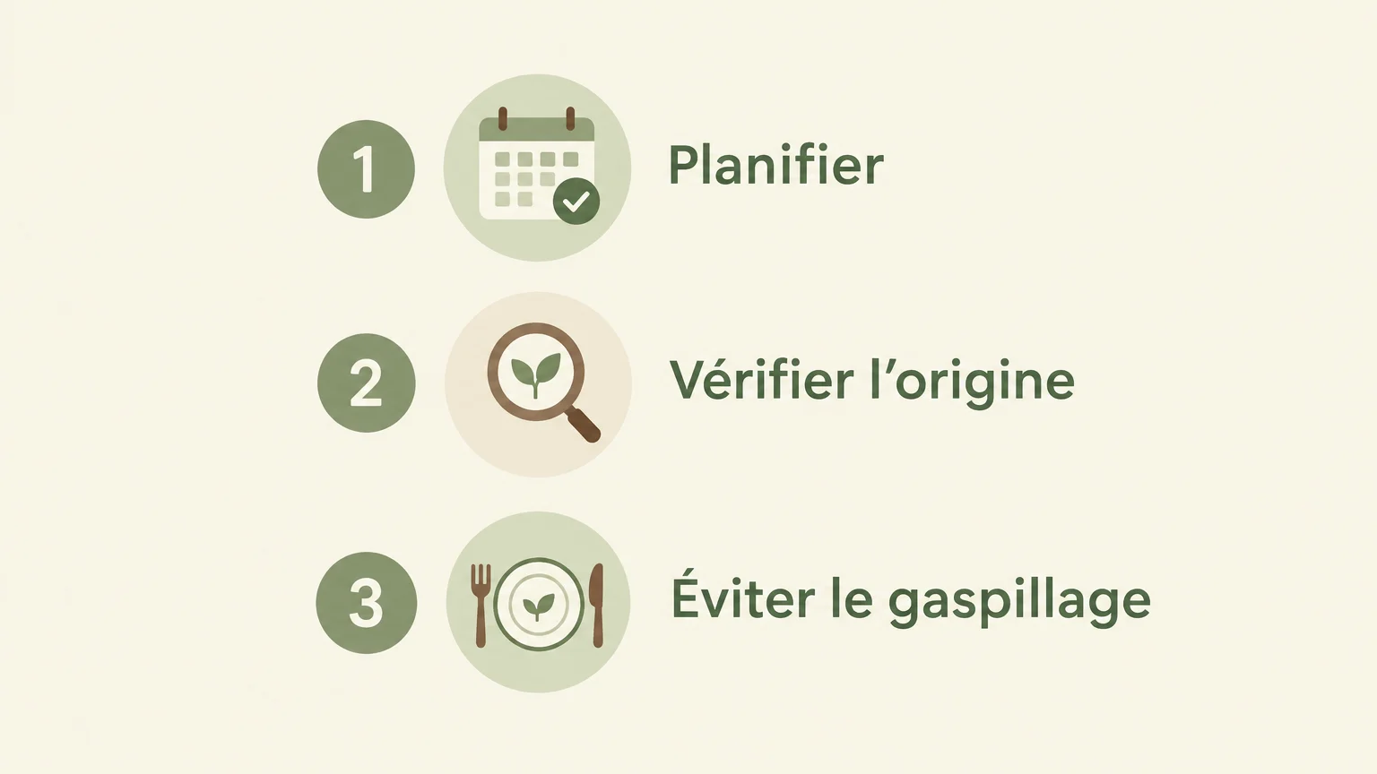 Checklist illustrée en trois étapes pour planifier les repas, vérifier l’origine et réduire le gaspillage.
