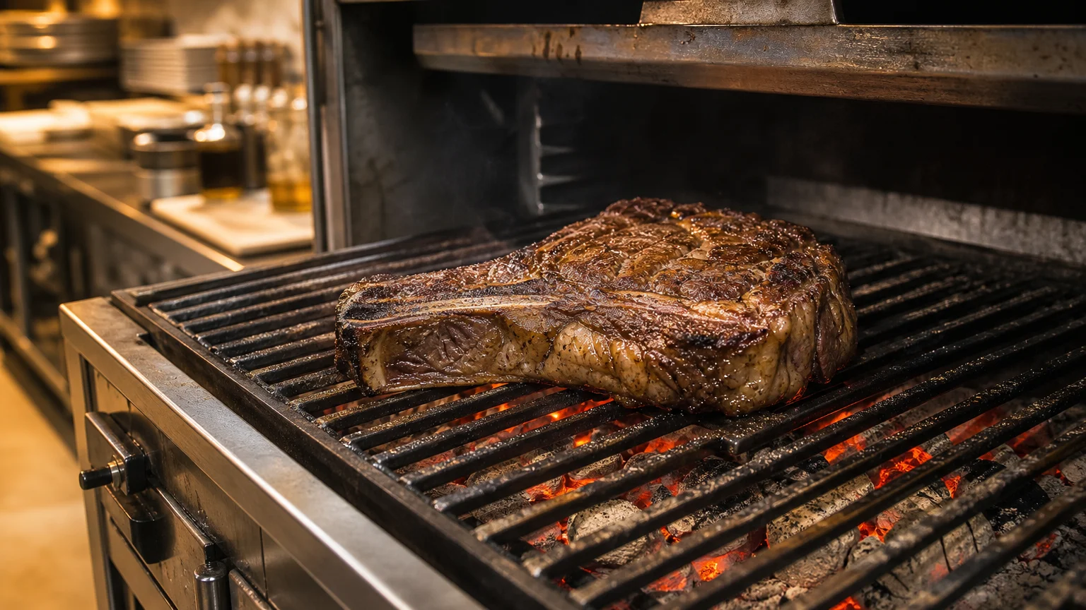 Pièce de bœuf en train de saisir sur la grille d’un four à charbon.