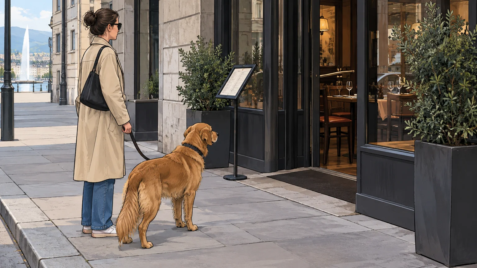 Une personne tient son chien en laisse devant l’entrée d’un restaurant genevois.