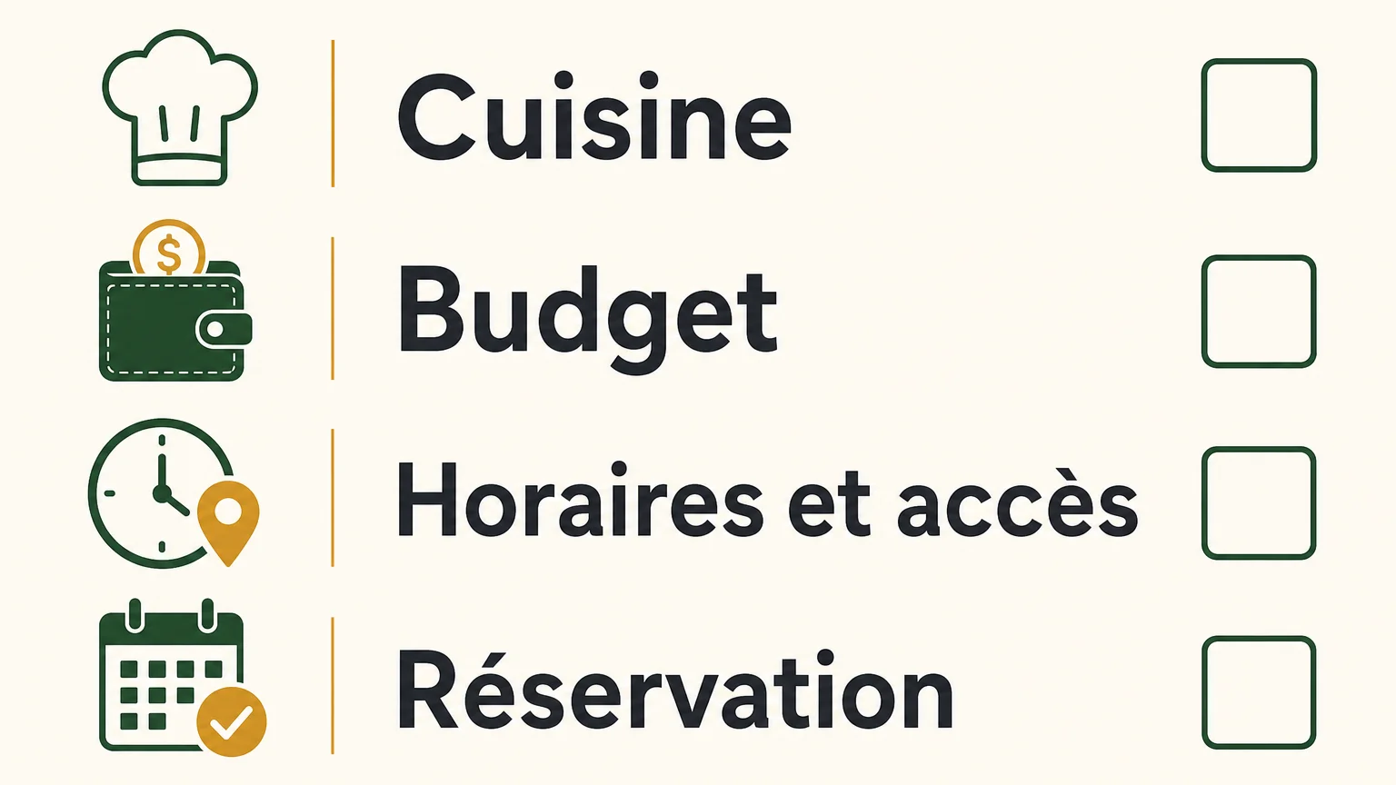 Infographie en quatre points pour vérifier la cuisine, le budget, les horaires et la réservation.