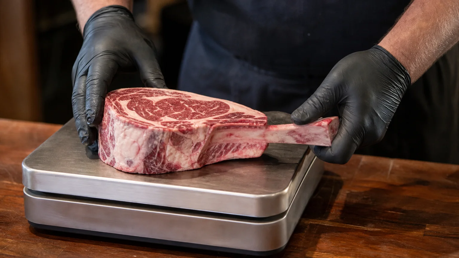Un boucher pèse une côte de bœuf crue sur une balance de comptoir.