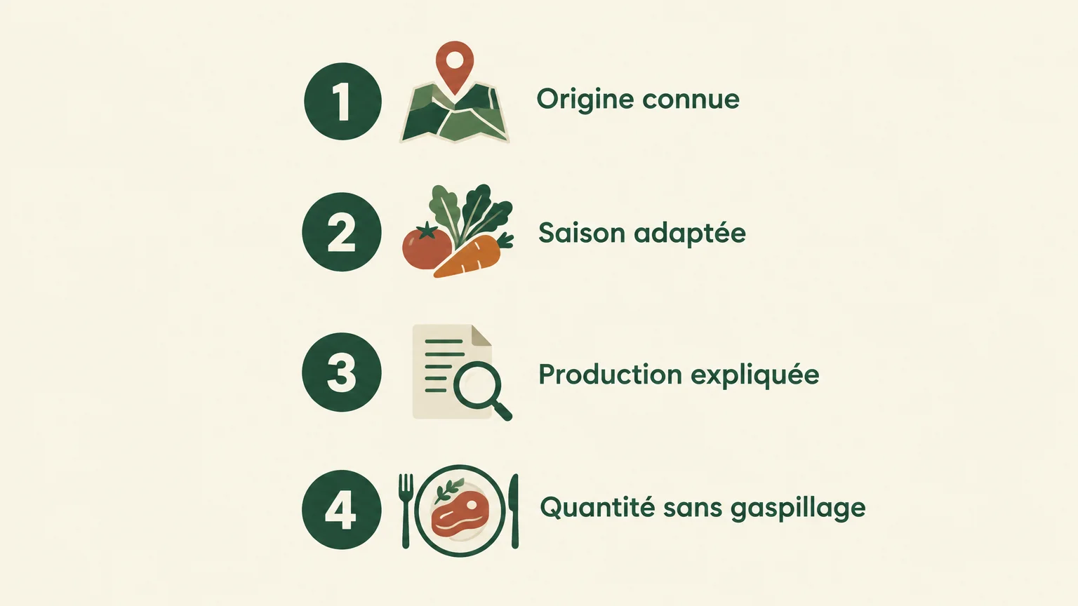 Infographie en checklist présentant quatre critères de choix alimentaire raisonné.